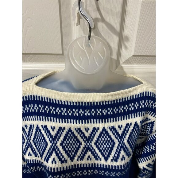 Vintage 70s Block Heater Fair Isle Wool Sweater Women’s Small Blue & Cream Geome - Picture 6 of 9